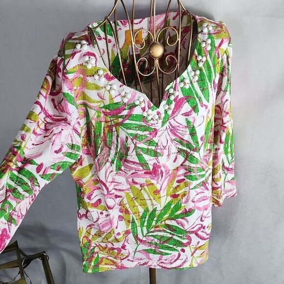 Palm Fronds Colorful Leafy Beaded Neck Top Size L - Picture 1 of 10
